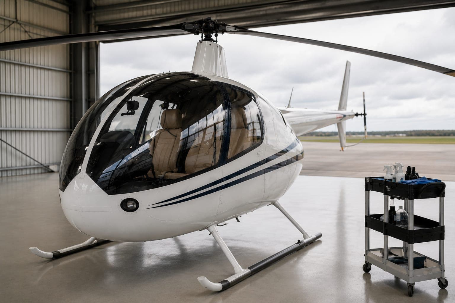 A gleaming light helicopter in the hangar after a detail, cleaning trolley alongside