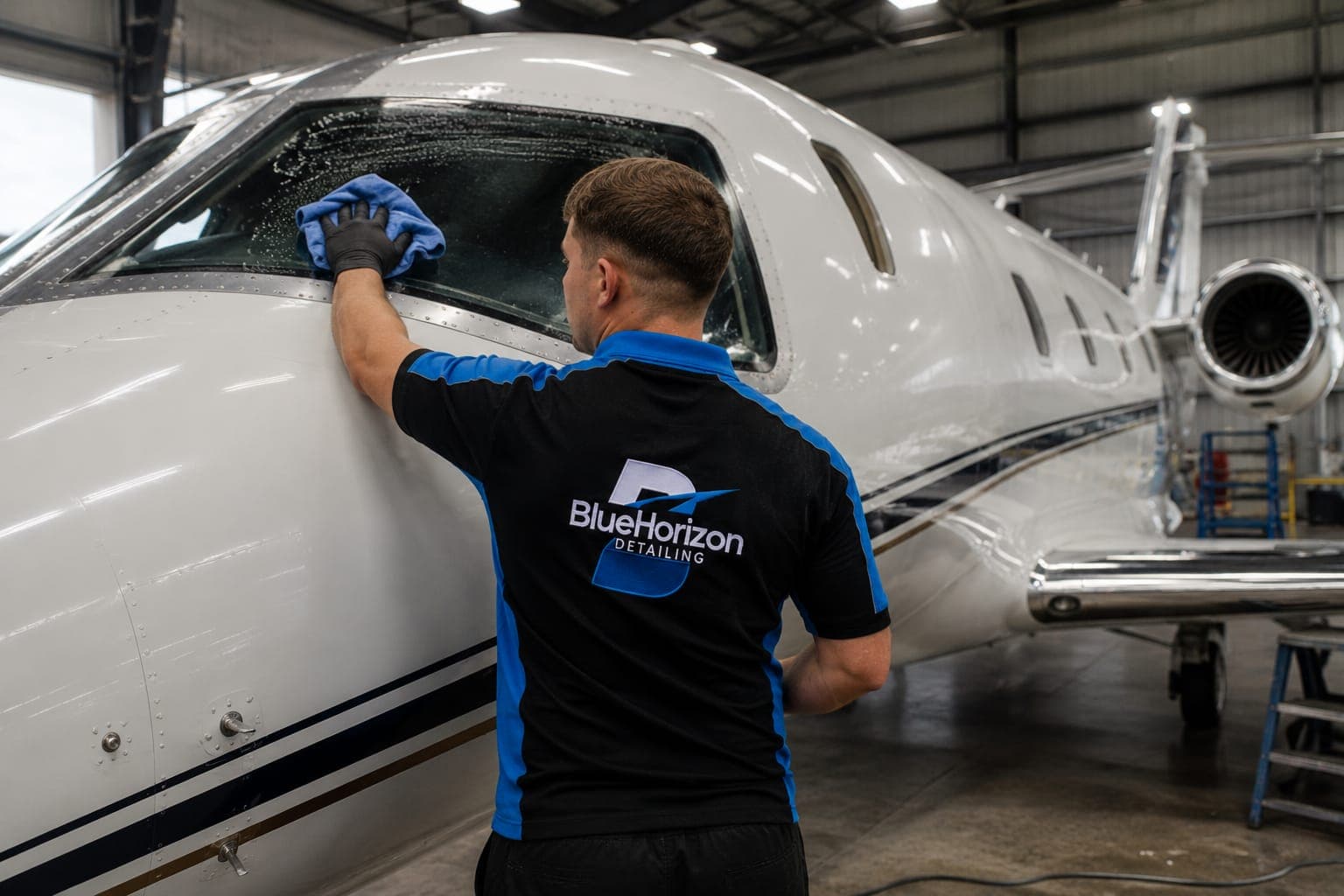 A Blue Horizon technician cleaning a business jet windscreen in the hangar